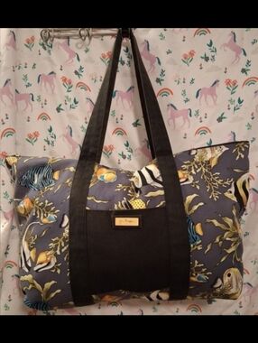EUC Jim Thompson Navy Silk Tropical Fish Coral Reef Casual Travel Tote Purse Bag